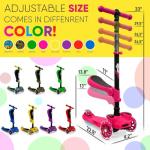Hurtle Kids Scooter - Child Toddler Kick Scooter Toy with Foldable Seat - 3 Wheel Scooter with Adjustable Height, Anti-Slip Deck, Flashing Wheel Lights, for Boys/Girls 1-12 Year Old, Pink