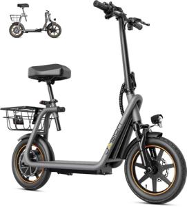Jasion JS3 Electric Scooter with Seat, 650W Peak Motor Electric Scooters for Adults, 20-Mile Ranges E-Scooter for Pets & Cargo, Foldable Sport Scooters 20MPH Max Speed, Dual Disc Brakes for Commuter