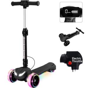 Kids Electric Scooter w/LCD Screen, Bluetooth Music, Light-Up Stem Deck & Wheels, Thumb Throttle, 3 Adjustable Heights, 150W Powerful Motor, Foldable 3 Wheel Electric Scooter for Kids Boy Girl, Black