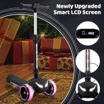 Kids Electric Scooter w/LCD Screen, Bluetooth Music, Light-Up Stem Deck & Wheels, Thumb Throttle, 3 Adjustable Heights, 150W Powerful Motor, Foldable 3 Wheel Electric Scooter for Kids Boy Girl, Black