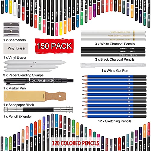 PANDAFLY 150 Colored Pencils Set with Sketchbook