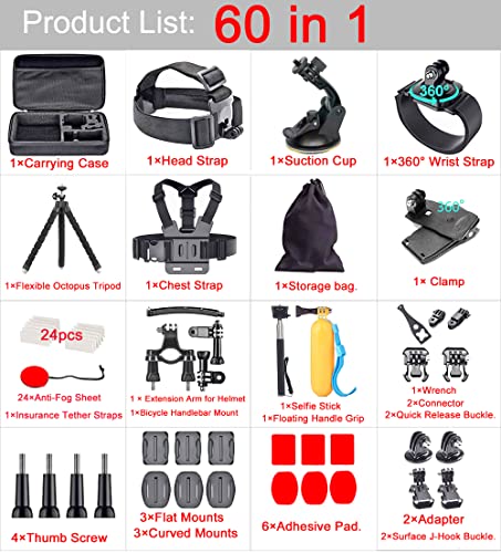 60 in 1 Action Camera Accessories Kit for GoPro, DJI, AKASO