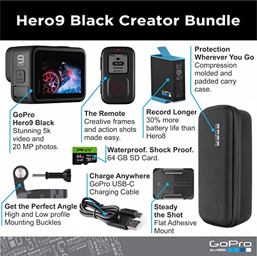 GoPro HERO9 Black Bundle: Remote, 64GB microSDHC - 5K Ultra HD Action Camera