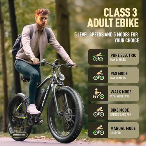EXRBYKO 750W 34MPH 26" Fat Tire E-Bike - 21-Speed