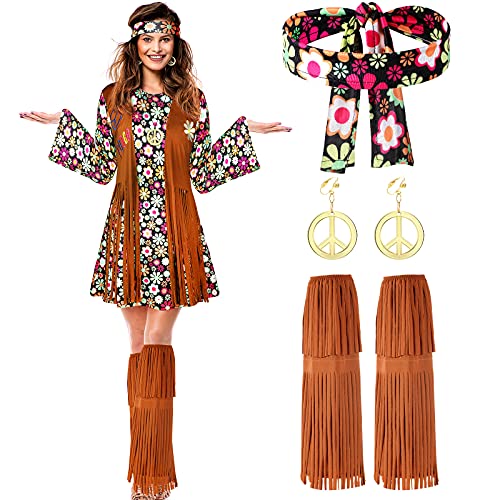 70s Hippie Costume Set - Black Floral Disco Dress
