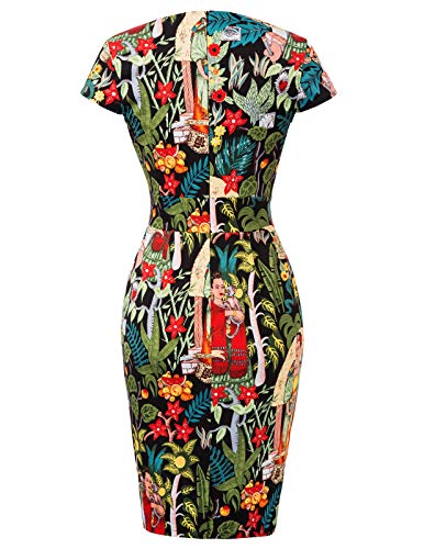 Vintage Printed Leaves Pencil Dress - Cap Sleeve