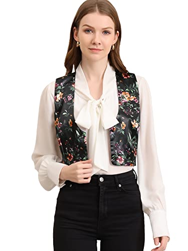 Floral Satin Waistcoat for Women - Medium Black