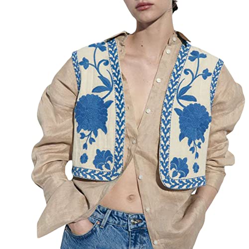 Vintage Floral Embroidered Linen Cropped Sleeveless Vest