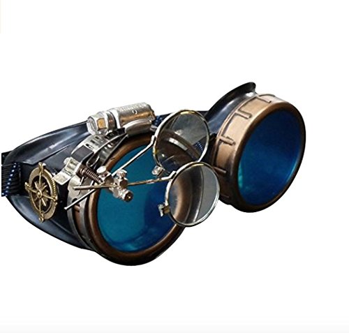 Steampunk Victorian Goggles with Compass Design, Blue Lenses