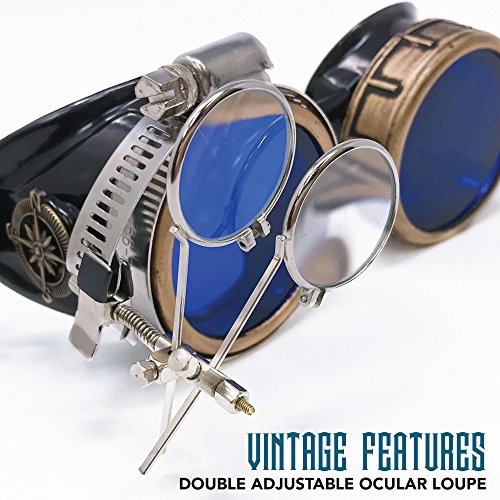 Steampunk Victorian Goggles with Compass Design, Blue Lenses