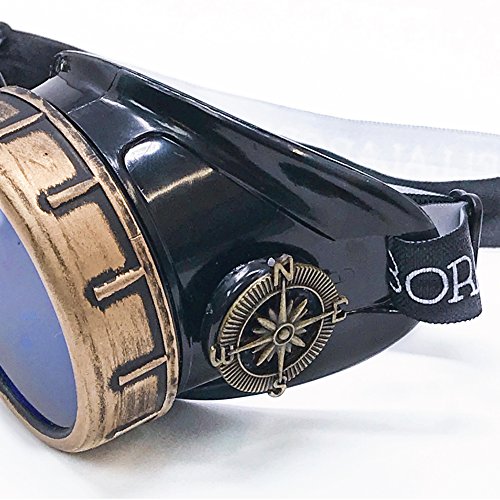 Steampunk Victorian Goggles with Compass Design, Blue Lenses