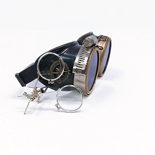 Steampunk Victorian Goggles with Compass Design, Blue Lenses