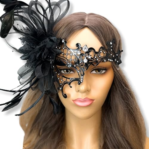 Women's Black Metal Masquerade Feather Mask for Halloween