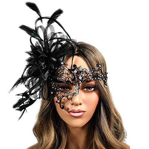 Women's Black Metal Masquerade Feather Mask for Halloween