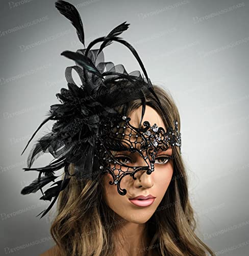 Women's Black Metal Masquerade Feather Mask for Halloween