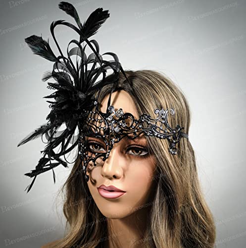 Women's Black Metal Masquerade Feather Mask for Halloween