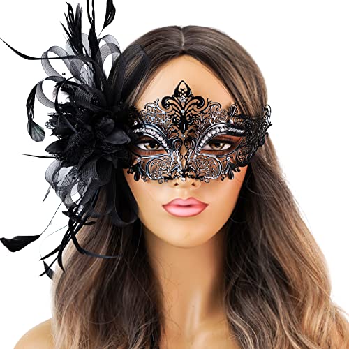Women's Black Feathered Masquerade Mask for Mardi Gras