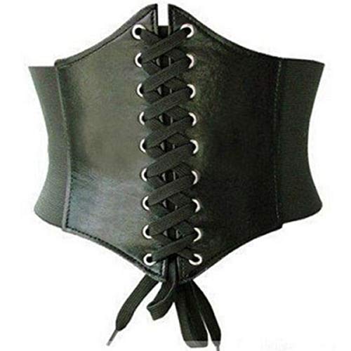 Elastic Wide Band Black Leather Waspie Corset Belt
