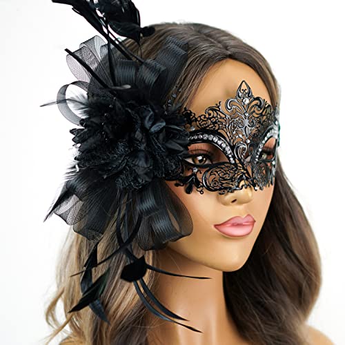 Women's Black Feathered Masquerade Mask for Mardi Gras