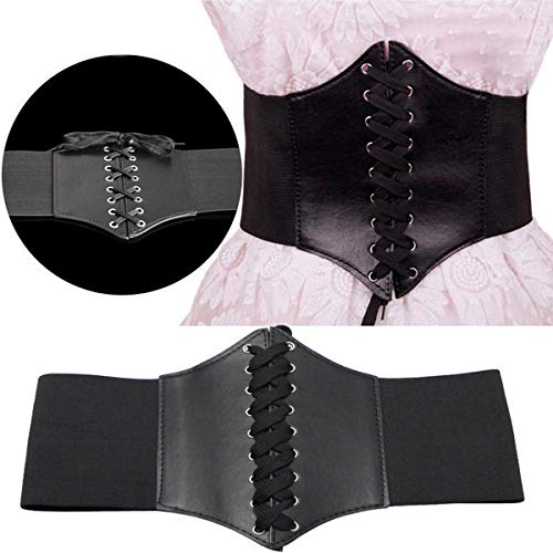 Elastic Wide Band Black Leather Waspie Corset Belt