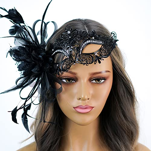 Women's Black Feathered Masquerade Mask for Mardi Gras