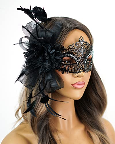 Women's Black Feathered Masquerade Mask for Mardi Gras