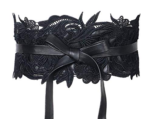 Black Lace Faux Leather Obi Belt Vintage Fashion