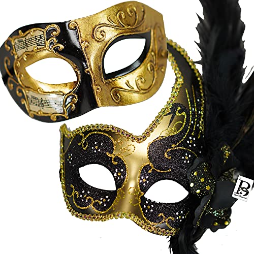 Golden Black Feather Couple Masquerade Masks Roman God Costume