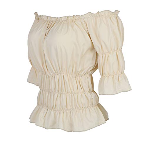 Renaissance Smocked Off Shoulder Victorian Pirate Blouse Beige