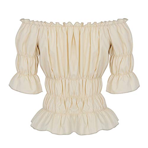Renaissance Smocked Off Shoulder Victorian Pirate Blouse Beige