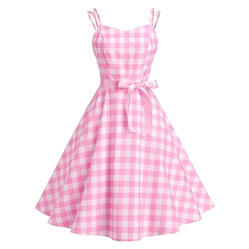 Pink Plaid Spaghetti Strap Retro Dress
