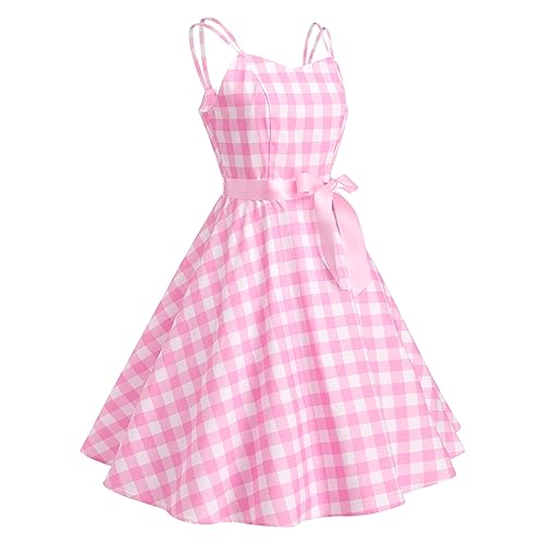 Pink Plaid Spaghetti Strap Retro Dress