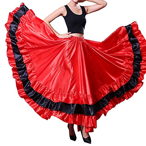 Black Red Satin Long Skirt for Flamenco Dance