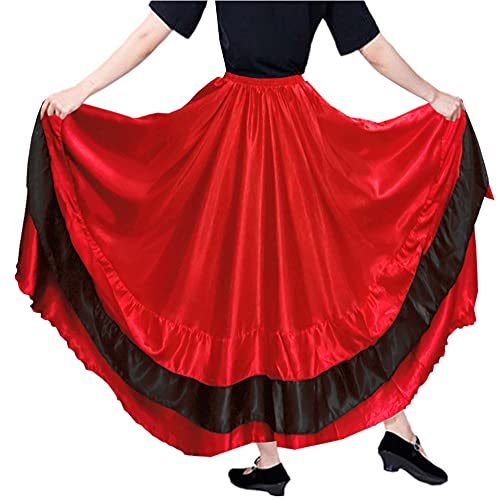 Black Red Satin Long Skirt for Flamenco Dance