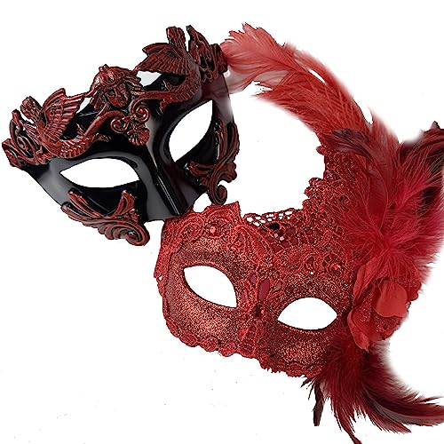 Feathered Masquerade Masks for Couple Costume - Roman Black/Red