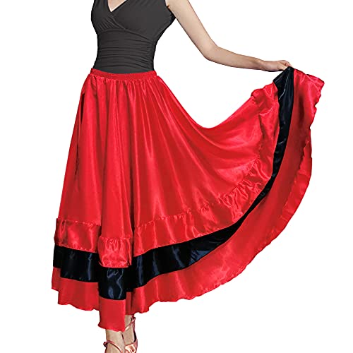 Black Red Satin Long Skirt for Flamenco Dance
