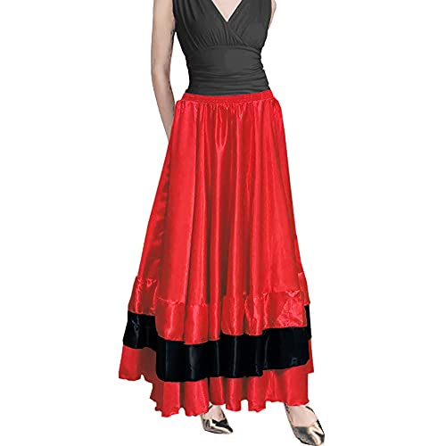 Black Red Satin Long Skirt for Flamenco Dance