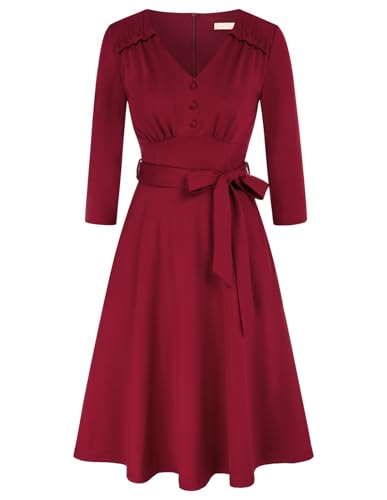 Elegant Vintage Retro A-Line Dress - Wine Red XL