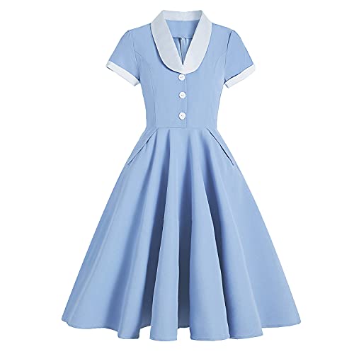 1950s Vintage Shirt Dress with Cape Collar - Blue + White S