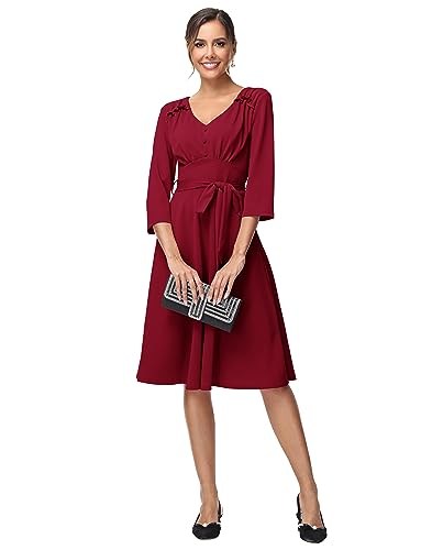 Elegant Vintage Retro A-Line Dress - Wine Red XL