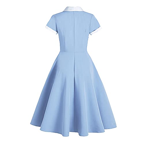 1950s Vintage Shirt Dress with Cape Collar - Blue + White S