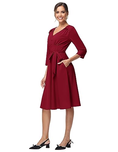 Elegant Vintage Retro A-Line Dress - Wine Red XL