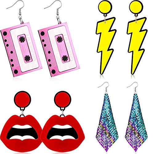 80s Retro Neon Earrings - 4 Pairs (Traditional Style)