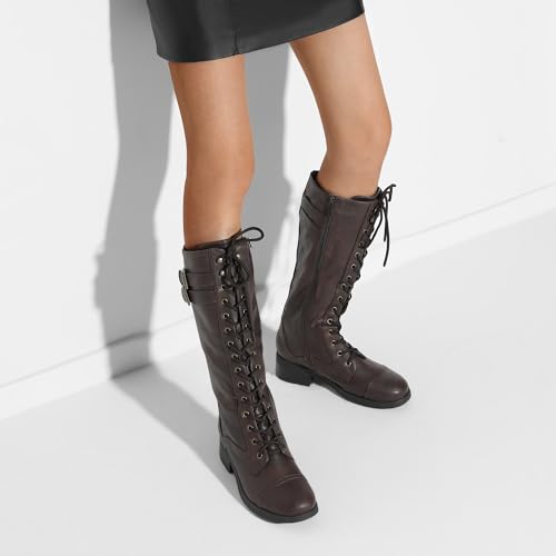Vintage Brown Faux Leather Knee High Combat Boots