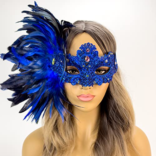 Blue Feather Masquerade Mask for Women Elegant Costume