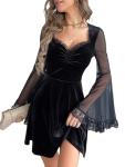 Gothic Black Velvet Lace Trim Mini Dress