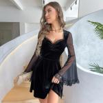 Gothic Black Velvet Lace Trim Mini Dress
