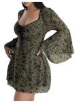Plus Size Floral Gothic A-Line Dress Army Green