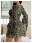 Plus Size Floral Gothic A-Line Dress Army Green