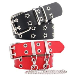 Double Grommet Studded Punk Belt with Chain